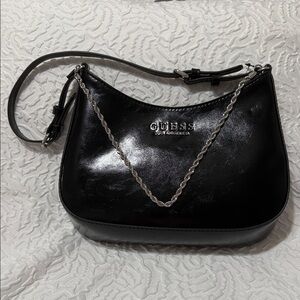 Guess Shiny Black Shoulder Bag with Chain Detail